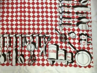 Vtg 50s Retro Tablecloth Red Black White Utensils Canisters Cotton 60x48