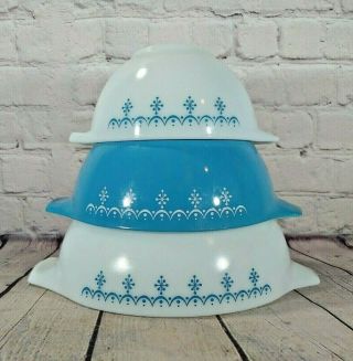 Vintage Pyrex Snowflake Garland Blue 441,  442,  443 Cinderella Mixing Bowls