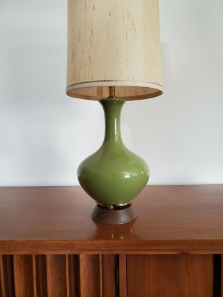 Vtg Mid Century Modern Ceramic & Brass Table Lamp & Shade 25 "