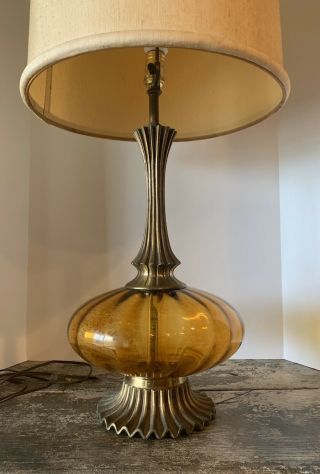 Vtg Mid Century Modern Amber Optic Glass Saucer Table Lamp 29 " W Shade