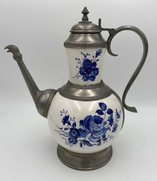 Vintage Ceramic Porcelain Pewter Blue & White Coffee Tea Pot Bird Head Spout