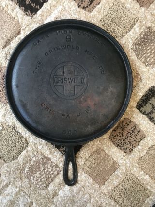 Vintage Griswold Cast Iron Griddle No.  9 Erie Pa 609a Large Block Logo Pan