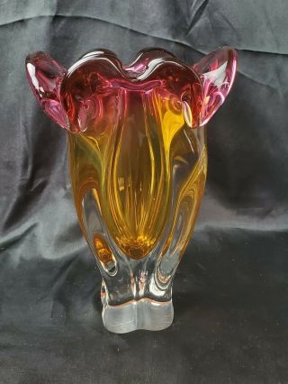 Vtg Modernist Murano Italian Art Glass Vase Italy 9 " Pink Orange Clear Ruffled