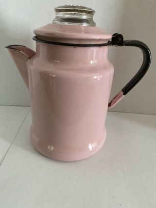 Vintage Pink Enamelware Enamel Coffee Pot Black Handle Glass Top