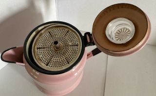 Vintage PINK Enamelware Enamel Coffee Pot Black Handle Glass Top 3