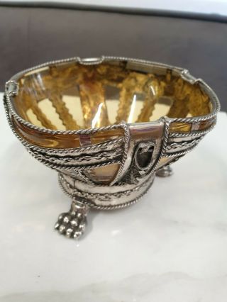 Antique Ornate Eastern Silver Plate And Amber Glass Bowl
