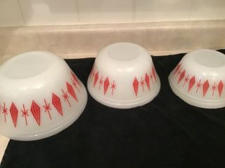Vintage Federal Glass Red Atomic Diamond Starburst Mixing Bowls Set of 3 2