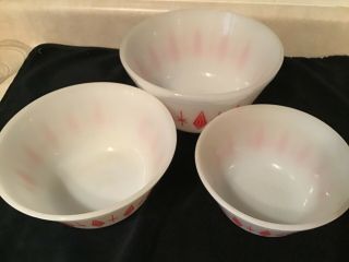 Vintage Federal Glass Red Atomic Diamond Starburst Mixing Bowls Set of 3 3