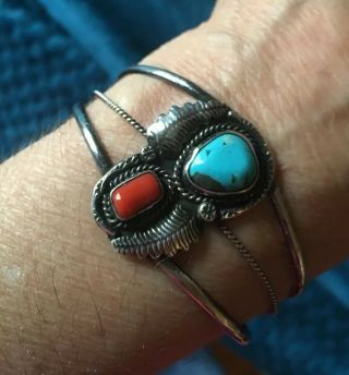 Vintage Southwest Navajo Sterling Silver,  Turquoise & Red Coral Cuff Bracelet.