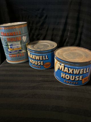 3 Vintage Maxwell House Coffee One - Pound Round Tin Can With Metal Lid (vic)