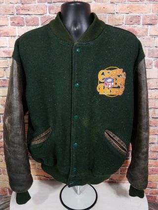 Vintage Green Bay Packers Nfl Football Leather Letterman Jacket Mens Size Large