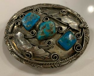 Large Unsigned Vintage Sterling Silver Navajo Indian Belt Buckle With Turquoise