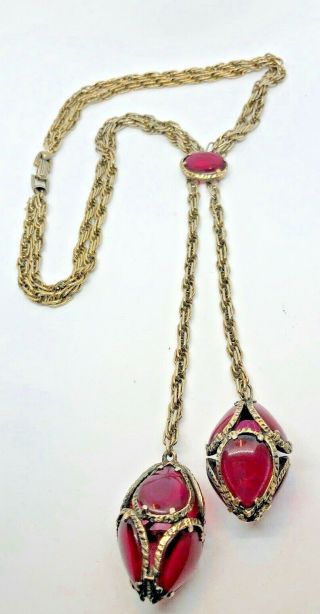 Vintage 1964 Crown Trifari Cranberry Poured Glass Dbl Drop Pendant Necklace