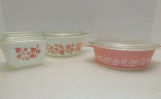 Vintage Pyrex Pink Gooseberry Casserole Dishes W/ Lids 471 472 501