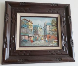 Vintage Oil Painting On Wood European Street Scene Framed Signed