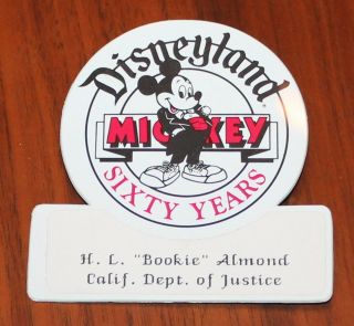 Vintage Disneyland Mickey Sixty Years Badge Tag Calif.  Dept.  Of Justice