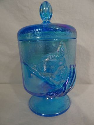 Vintage Chessie By Fenton Candy Dish With Lid Blue Carnival Glass