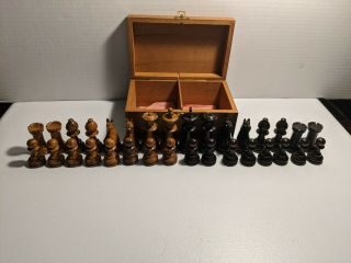 Vintage Chess Set Glass Eyes Knights Olive & Rosewood - No Board