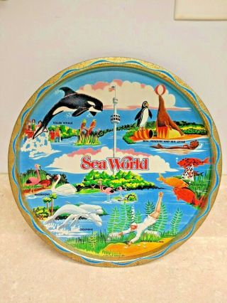 Vintage Sea World Metal Serving Tray/plate Amusement Park Souvenir,  11 " Dia.  1980