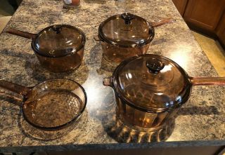 Vintage Corning Vision Ware Amber Glass Cookware 7 Pc Set Skillet 3 Pans Lids