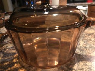 Vintage Corning Vision Ware Amber Glass Cookware 7 pc Set Skillet 3 Pans Lids 2