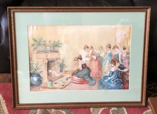 Vintage Watercolor Painting Of Women With Cherub Playful Signed Illegibly 1916