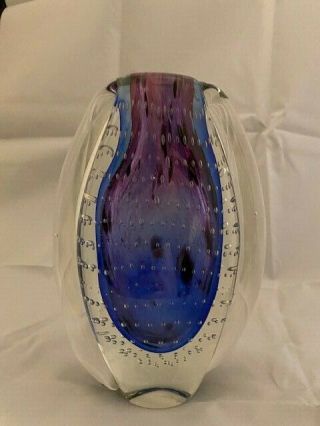 Vintage Murano Sommerso & Bullicante Art Glass Vase Purple Blue Mcm