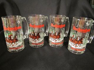 4 Budweiser Glass Mug Clydesdale Horses Wagon Beer 1989 12 Oz Vtg See Pix