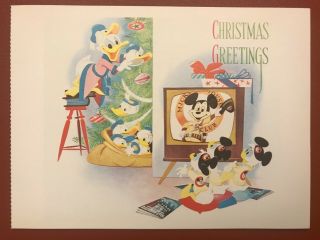 Postcard Disney Christmas Card 1956 Donald Trims Tree While Nephews Look On