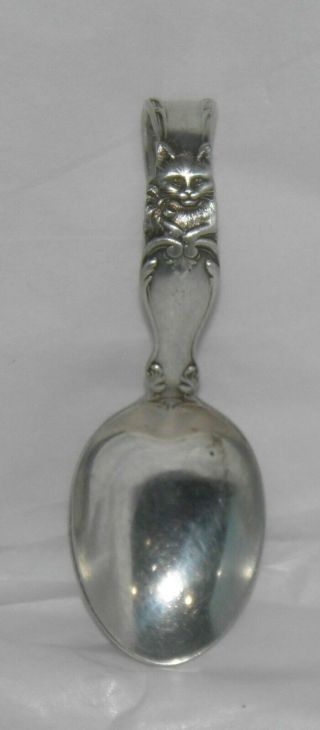 Antique Reed & Barton Sterling Silver Curve Handle Baby Spoon Cat Wearing Ribbon