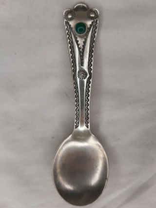 Fred Harvey Era Old Pawn Navajo Sterling Silver Stampwork Baby Spoon W Turquoise