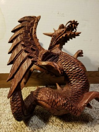 Vtg Chinese Dragon Wood Carving Asian Sculpture Zodiac Mythical Power Symbol Art