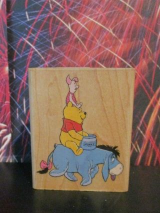 Disney Winnie The Pooh Piglet On Eeyore Rubber Stamp Wood Out Of Print Art Craft