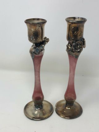 2 Vintage King Solomon Finds Israel Sterling,  Blown Glass Candlesticks Shabbat