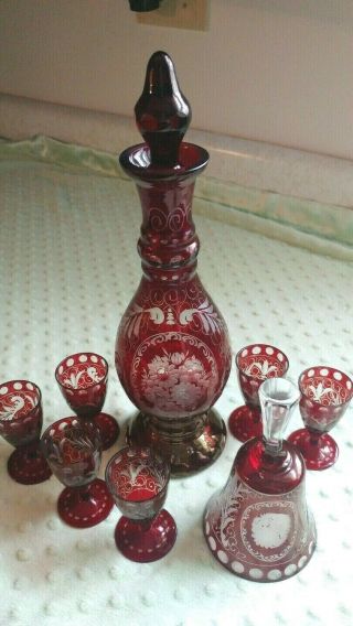 Vintage Bohemian Crystal Ruby Red Decanter Set And Bell
