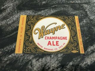 Vintage Irtp Wayne Champagne Ale 12oz Beer Bottle Label Wayne Brewing Erie Pa