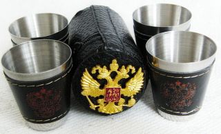 Russian Vodka Shot Glasses Set 4 X 25 Ml Cover Case Imperial Metal Badge