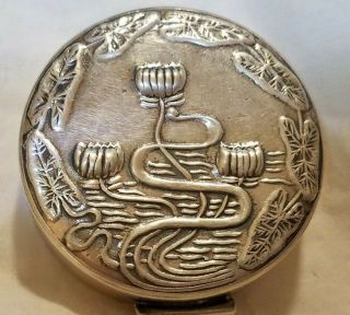 Vintage Sterling Silver Art Deco Pill Snuff Box With Water Lilies Repousse