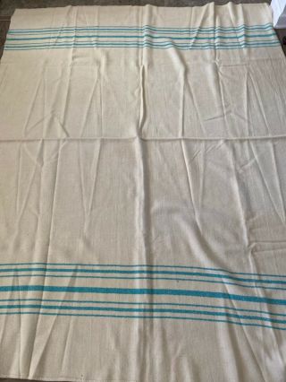 Vintage Wool Blanket Cream With Blue Stripes 83x68 Camp.  Cabin.