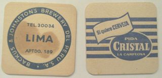 2 Beer Coaster From Peru Lima Cristal Beer Brewery Backus & Johnston