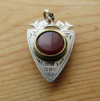 Rare Victorian 1894 Double Sided Silver Fob,  Shield Shaped And Set With Agate