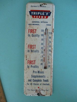 Vintage Advertising Triple F Feeds Des Moines Iowa Agriculture Metal Thermometer