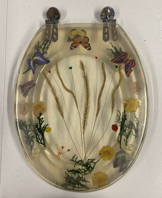 Vintage Butterfly Flower Elongated Resin Toilet Seat And Lid - Silver Hardware