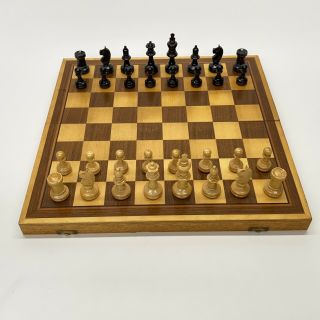 Vintage West Germany Turned Carved Wood Chess Set In Folding Travel Board