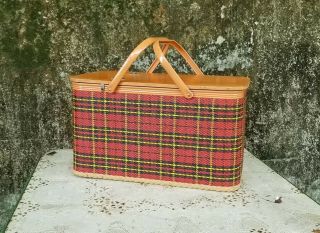 Vintage Redmon Red Plaid Picnic Basket With Pie Table