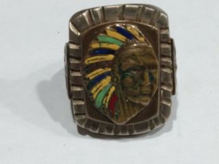 Vintage Indian Chief Ring Enameled Feathers Made In Mexico