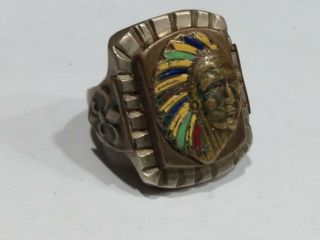 Vintage Indian Chief Ring Enameled Feathers Made in Mexico 2