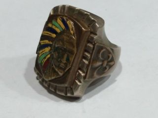 Vintage Indian Chief Ring Enameled Feathers Made in Mexico 3
