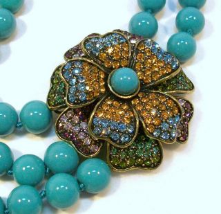 Gorgeous Heidi Daus Vtg Rhinestone Layered Flower & Turquoise Bead Necklace