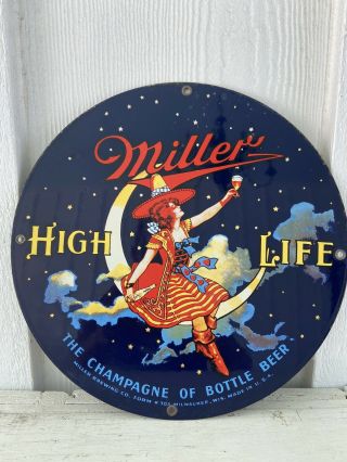 Miller High Life Sign Vtg Porcelain Enamel Re - Issue Girl In The Moon Ande Rooney